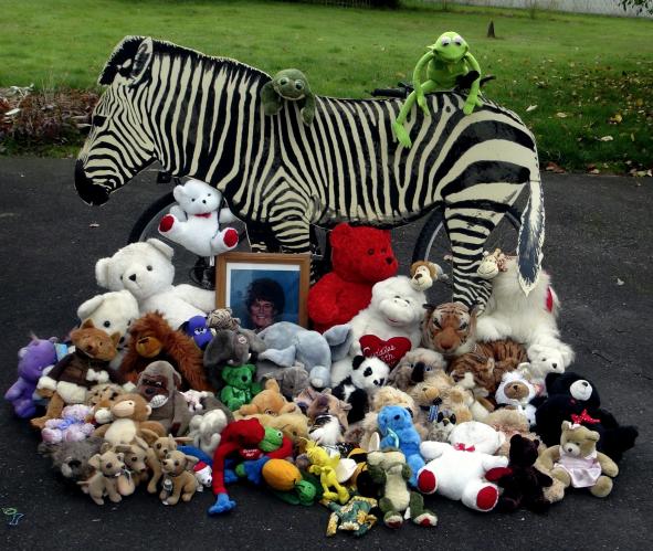 Sharron in between all her stuffed animals