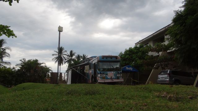 Bus parked in a corner at the Hilton Hotel